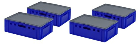 4 Stück E2 Kiste mit grauem Deckel 600 x 400 x 200 mm Fleischkiste Lagerkiste Metzgerkiste in blau
