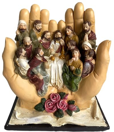 Pomurom Das letzte Abendmahl Statue Desktop Ornamente, Figur Jesus an den Händen aus Kunstharz, Religiöse Sammlerfigur Jesus Skulptur für Weihnachten Zuhause Büro Bücherregal Tischdekoration