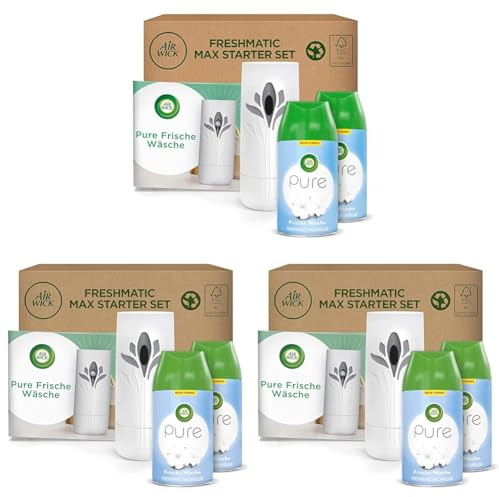 Air Wick Freshmatic Max PURE – Starter Set mit Gerät und 2 Nachfüllern – Lufterfrischer automatisch – Duft: Frische Wäsche – 2 x 250 ml Nachfüller + Gerät in Weiß (Packung mit 3)
