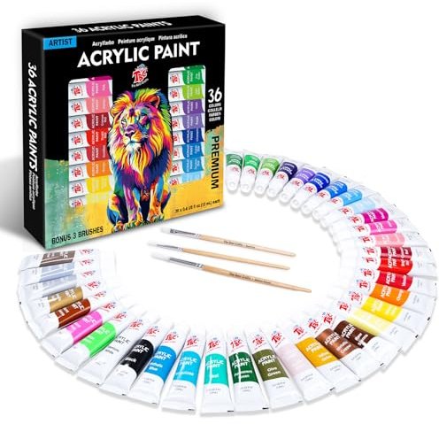 TBC Kit de Peinture Acrylique 36 x 12 ml avec 3 Pinceaux pour Bricolage - Pierre, Céramique, Bois, Papier pour Artistes pour Enfants et Adultes