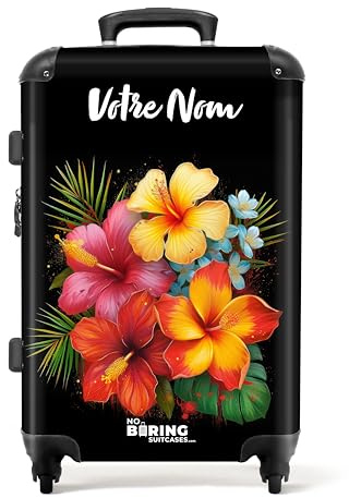 NoBoringSuitcases.com Valise Personnalisable Rigide Grande Taille avec Serrure TSA (67cm - 72L, 23kg) - Moyenne Soute (Fleurs - Orange)