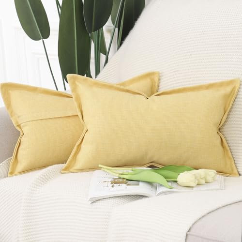 Madizz 2er Set Polyester Leinen Kissenbezügen mit breiter Kante Weiche dekorative Kissenbezüge für Sofa Schlafzimmer Kissenhülle Gelb 30x50 cm Rechteckig