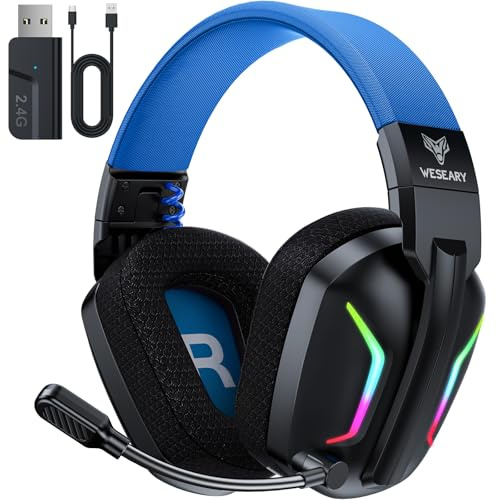 WESEARY Wireless Gaming Headset for PS5, PC, PS4, Switch & Mac, Dual-Mode 2.4GHz & Bluetooth Headset with ENC Noise Cancelling Microphone, 50mm Stereo Drivers,Dynamic LED Lights,Up to 50Hr Playtime