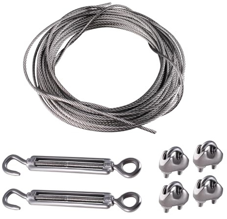 SUKITMISO 10M 2mm Drahtseil Edelstahl Set, Drahtseil Rankhilfe Set, 2 mm Stahlseil, mit Seilspanner, Seilspanngarnitur für Hänge, Gardinen seil, Garten, 10m Stahlseil 2mm 7x7