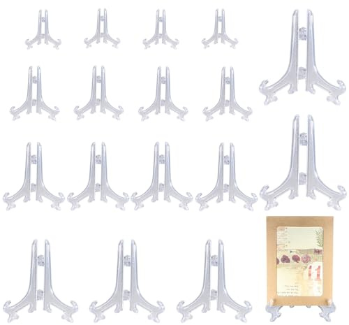 18 Clear Plastic Display Easels, 5 Sizes Folding Holders for Cards Plates | Transparent Assorted Stands for Medals, Coins and Place Settings, Compact Fold-Flat Design for Shelves, Desks and Events.