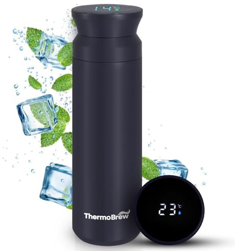 THERMOBREW Insulated Stainless Steel Hot Water Flask Thermal Water Bottle for Baby Bottles and Hot Drinks Insulated Coffe Mug Flask with Tempereture Display 500ML (Matte Black)