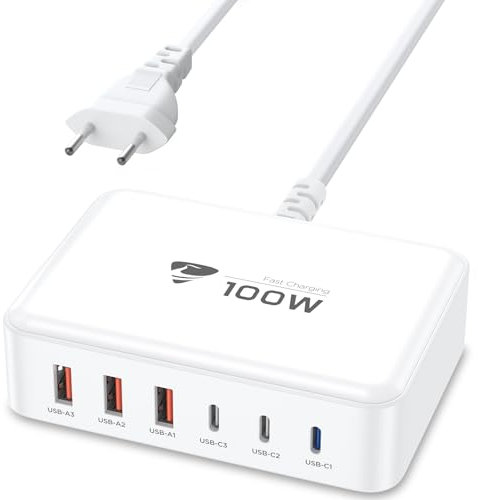 Caricatore Multiplo 100W 6-Porto, Stazione di Ricarica GaN PD & QC 3.0, Alimentatore USB C per iPhone 16 15 12 11 Samsung Pixel MacBook iPad
