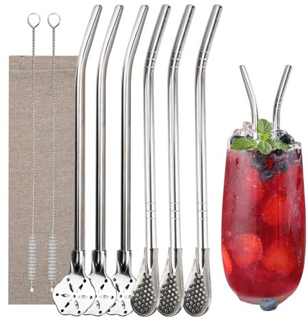 DIYJEP 9 Pièces Réutilisables en Métal Paille Filtre, Cuillère en Acier Inoxydable Allongée Paille avec Nettoyage de Paille pour Le Sédiment de Filtre, Milk-Shake, Boissons Froides/Chaudes (Argent)