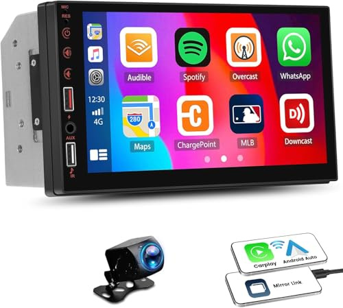 Doppel Din Autoradio mit Wireless CarPlay Android Auto 7 Zoll Touchscreen Bildschirm 2 Din Bluetooth Auto Stereo Unterstützt MirrorLink/FM Radio/EQ/2 USB/AUX/SWC+Rückfahrkamera