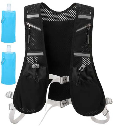 Wyety, Gilet da Corsa per Uomo e Donna con Zaino Riflettente Ultraleggero, 2 Bottiglie d'Acqua da 480 ml, Regolabile per Ciclismo, Maratone, Nero