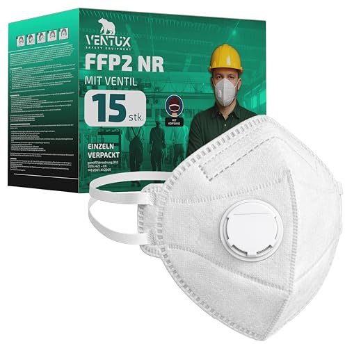 VENTUX SAFETY EQUIPMENT Mascherine FFP2 con Valvola – 15 Pezzi – Semimaschera Facciale con Elastici Nucali e Clip Stringinaso – Certificazione CE