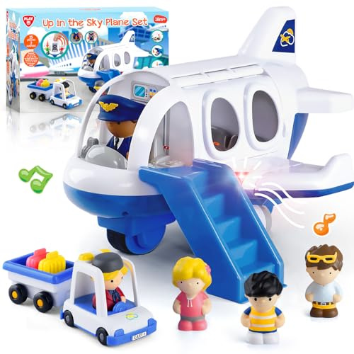 PLAY Viaggio Aereo Giocattolo Set per Bambini 1-3 Anni con Carrello Bagagli, Personaggi, Suoni e Luci Realistiche - Aeroplano Giocattolo Regalo per Bambini e Bambine (Idee Regalo Compleanno) (Blu)
