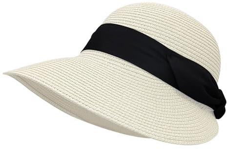 Feelorna Damen Strohhut, UV-Schutz Strohhut mit Breite Krempe Atmungsaktiv Strandhut Faltbarer Sommerhut für Reise Urlaub