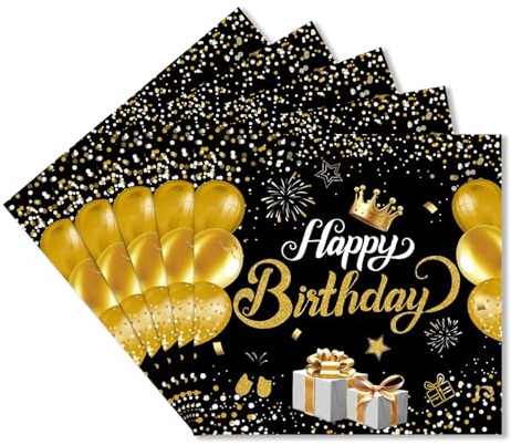 ParPix 20 Stück Geburtstag Servietten Schwarz Gold, 33x33cm Happy Birthday Serviettens, Servietten Geburtstag Mann Frau, Geburtstagsservietten,Tischdeko Geburtstags Papierservietten, Party Serviettens