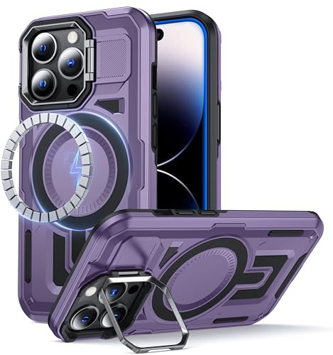FNDMIL Cover per iPhone 14 Pro Max con Magnetica [Supporto per Fotocamera Integrato] [Antiurto Militare] [Doppia Protezione] Robusta per iPhone 14 Pro Max Custodia, Viola