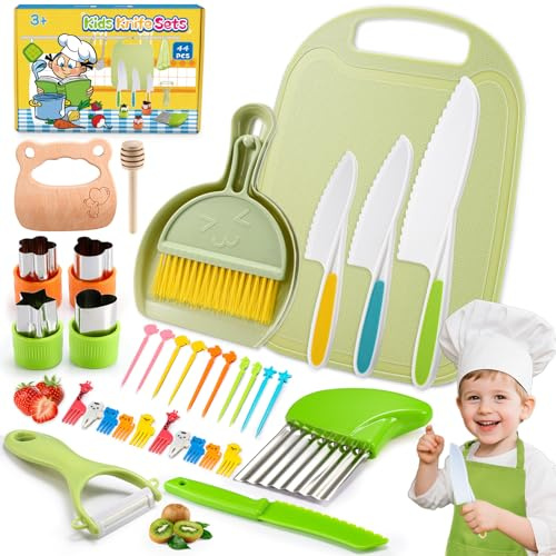 JoltJive 44PCS Kids Knife Set for Chopping, Toddler kitchen set with broom set and apron, Kids Toys for 2 3 4 5 6Year Old Boys Girls, Montessori Toys for Christmas Birthday Gifts