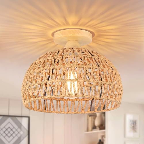JIINOO Plafoniera Lampadario in Rattan Boho, Lampadario Vintage da Soffitto Intrecciata a Mano con Cupola in Legno,Lampada a Sospensione Plafoniera Vintage E27,per Camera da Letto,Soggiorno e Corridoi