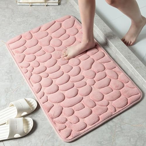 Alfombra de baño de espuma viscoelástica absorbente con patrón de alfombra de guijarros y respaldo de PVC antideslizante para uso en baño, inodoro, dormitorio y sala de estar (rosa)