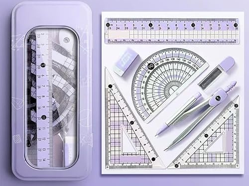 Set di 7 strumenti per geometria scolastica, per studenti, righello da disegno, goniometro e bussola, per studenti di matematica e scuola a casa, con custodia per il trasporto (viola)