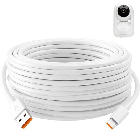 10m Extra Long USB C Cable Power Extension Cord USBA to USB C Charge Cable | Compatible with Mi Smart 2K Camera C301 C400 C500 Pro CCTV for Security Camera White (No Data)