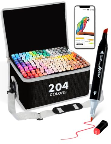 HornedDragon 204 Couleurs Feutres Acrylique, Acrylic Marker Double Pointe | App Gratuite | Pointe Pinceau & Fine | Séchage Rapide | Non toxique | Waterproof | Multi-surface | Feutres Coloriage Adulte