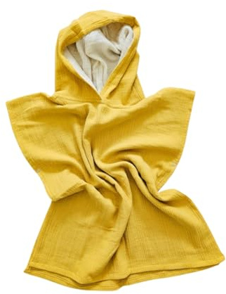 Badeponcho Baby aus Musselin%100 Baumwolle | Badeponcho Kinder 1-4 Jahre Handtuch Badetuch Poncho Kapuzenhandtuch Bademantel | Handmade Handgefertig (Senf)