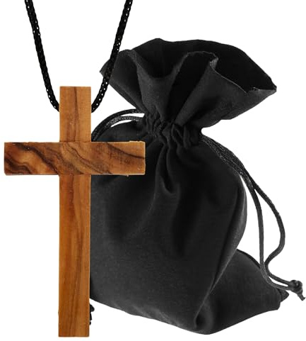 Lunexus Pendentif en forme de croix simple en bois d'olivier fait à la main à Bethléem avec ruban noir de 80 cm et pochette en velours béni avec certificat collier religieux cadeau baptême communion