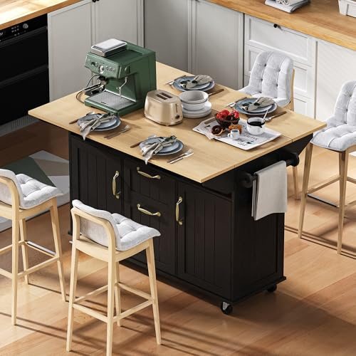 REXO Isla de cocina con ruedas, mesa de comedor extensible, isla de cocina móvil con cajones y toallero, carrito de cocina móvil con regletas, ideal para cocina y comedor (negro)