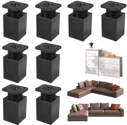 AXVRAV 8 Stück Möbelfüße Verstellbar Schwarz 6cm Hoch, Eckig Aluminiumlegierung Möbelfüsse mit Schrauben, Höhenverstellbar Schwerlast 30kg für Sofa Schreibtisch TV Tisch Bett Schrank