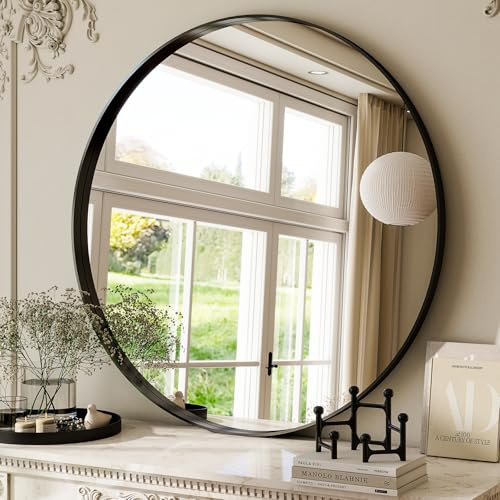 ZenoMirris runder Wandspiegel, 120 cm, mit tiefem Rahmen, geeignet für Badezimmer, Wohnzimmer, Schlafzimmer, Schwarz