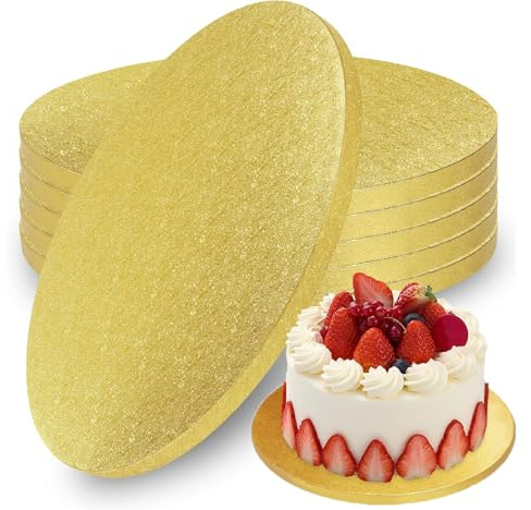 Callysonic 5 stycken premium tårtunderlägg runda, 25 cm x 12 mm/10 tum tårttallrik, återanvändbar tårttallrik, tårtunderlägg för hem, dessertbutik, bröllop, fest (guld)