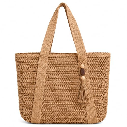 99 Jackets Summer Beach Bag for Women, Large Capacity Tote Bag, Handmade Straw Shoulder Handbag (Khaki with Tassel)