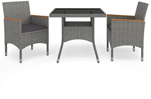 Qnhdfrt Gartenmöbel Set 3-TLG., Bistroset aus Poly-Rattan und Akazienholz, Sitzgruppe für Balkon und Terrasse, Tisch mit Glasplatte und 2 Stühle mit Kissen, Grau