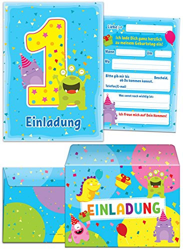JuNa-Experten 12 Einladungskarten zum 1. Kindergeburtstag Jungen Mädchen lustige Monster coole Einladungen zum ersten Geburtstag incl. 12 Umschläge