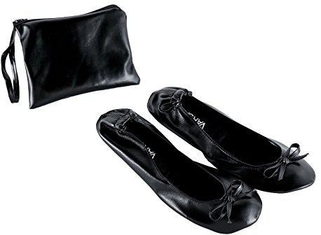Roll Up Satin Black Shoes - Foldable Pumps Flats Ballet Dance Ladies After Party Shoes with Foldable Bag - Women's Flat Shoes