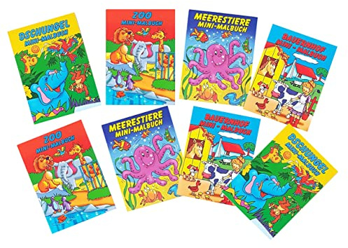 Mini Malbücher Kinder 8 Stück – 4 Themen Mitgebsel | Set Malhefte mit Dschungel, Bauernhof, Zoo & Unterwasserwelt – für Kindergeburtstag, Hochzeit, Kita, Hort & Zuhause