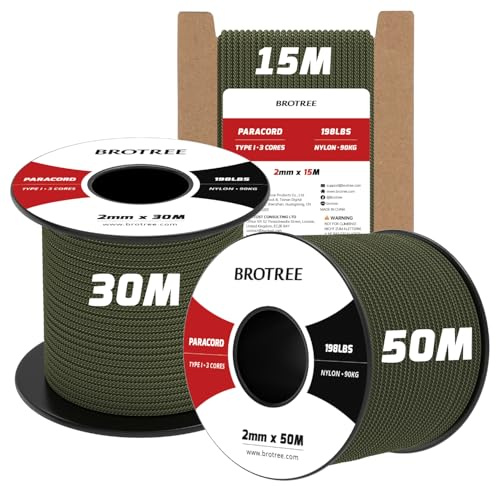 Brotree Paracord 2mm 30M 100% Nylon Seil mit 3 Kern Schnur für Outdoor, Armband, Hundeleine - Bruchlast 90kg (Armee Grün) | 90kg Bruchlast, Typ I, Spule, Camping, Angeln, Überleben, Basteln, Outdoor, Armband, Hundeleine
