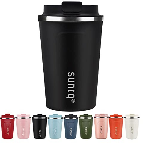 SUNTQ Reusable Coffee Cups Travel - Coffee Travel Mug with Leakproof Lid - Thermal Mug Insulated Cup - Stainless Steel Coffee Travel Cup - for Hot and Cold Drinks, 13oz/380ml, Black