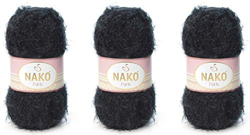 NAKO Paris stickad och virkad akrylsjal vintermössa halsduk garn – 3 hud/bollar 40 % premium akryl – 60 % polyamid varje 100 g 268 yds (svart)