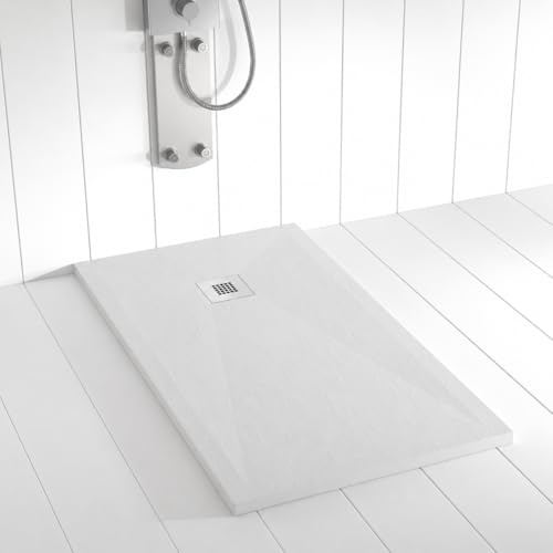Plato de ducha resina PLES desagüe centrado color Gris Cemento 160x80 textura pizarra antideslizante rejilla inox con válvula