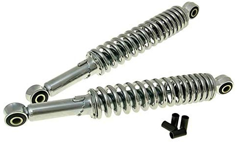 Set 2 Stoßdämpfern Federbein 360mm, Chrom, hydraulisch, 5-fach verstellbar, inkl. Reduzierhülsen für Simson S50, S51, S53, S70, S83