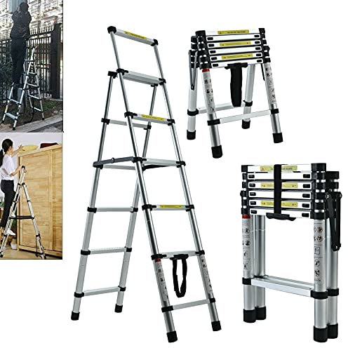 Folding Telescopic Stepladder 6+7 Step Ladder Heavy Duty Tread Aluminium Ladder Multi-Purpose Ladder Portable Foldable Anti-Slip Steps Max Load 330lbs for Outdoor Indoor Use