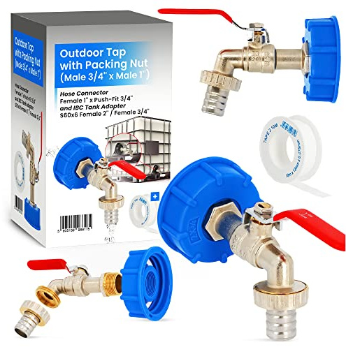 Wasserhahn Zapfhahn Auslaufhahn mit Schlauchanschluss IBC Container Tank Verbinder Adapter Deckel 2 x 1/2 Kugelhahn Kugelauslaufhahn Messing Auslaufventil für Regentonne Regenwassertank