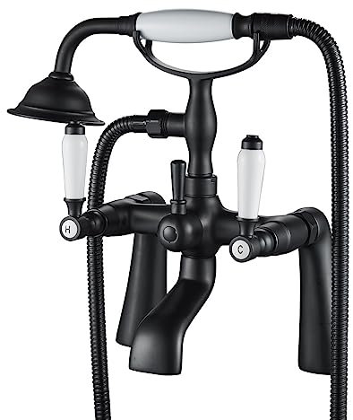 Traditional Bathtub Mixer Tap,Luckyhome Victorian Bath Shower Mixer Tap with Hand Held Shower Head Solid Brass Chrome Finish Filler Bath Tap（Black）