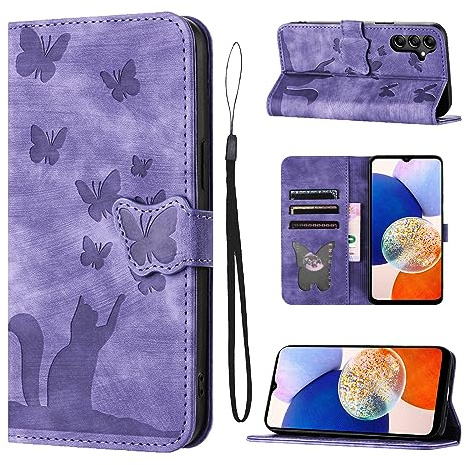LSPCASA Fällbart fodral för Samsung Galaxy A14 4G/5G på 6,6 tum, stativfunktion, med kortfack, katt- och fjärilsmönster, läderfodral, lila