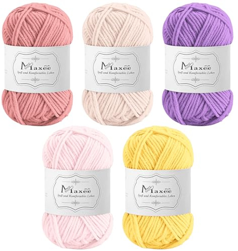 Maxee Häkelgarn 250g (50g*5 Farbe), Acryl Wolle Zum Stricken, Garn zum Häkeln und Stricken, Hand Knitting Yarn Set, Handstrickgarn Baumwollgarn für Häkeln, Wolle zum Stricken und Kunsthandwerk
