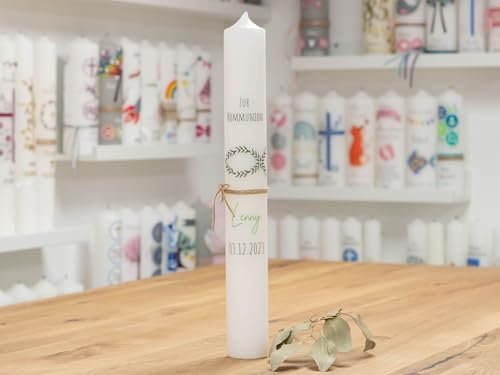 meinkerzenshop Kommunionkerze mit Designdruck Lenny personalisiert mit Name und Datum, individuell für Junge und Mädchen