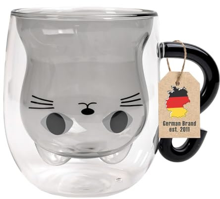 Intirilife Thermo Verre à double paroi avec design chat en noir - 200ml de contenance - Tasses isolées en verre résistant à la chaleur pour boissons froides et chaudes Tasse à café Tasse à thé