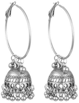 Boemia - Orecchini a cerchio Jhumka Jhumki etnici, tradizionali, indiani, ossidi, a forma di campana, pendenti, per donne e ragazze, regalo per le vacanze, Metallo