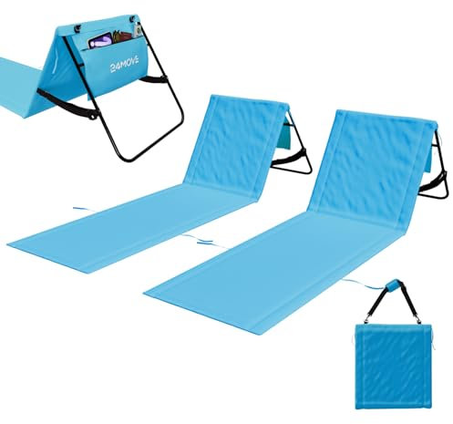 24MOVE® Strandmatte 2er Set klappbar mit Verstellbarer Rückenlehne, Strandliege faltbar mit Schlaufen, Aufbewahrungstasche, Sonnenliege für Strand Garten, blau